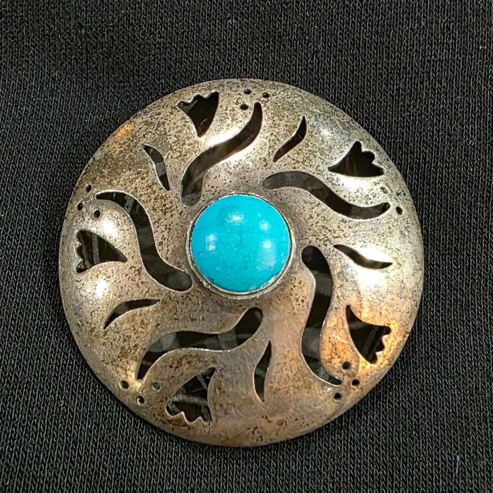 Vintage Taxco Sterling Silver & Turquoise Brooch Pendant - F. Balladares